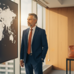 Executivo em frente a um gráfico de dados, simbolizando a otimização de getFly viagens corporativas.